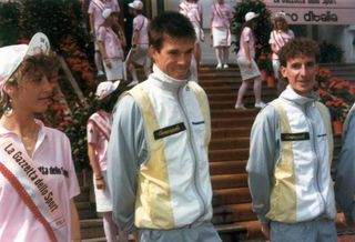 Panasonic teammates Phil Anderson, left, and Robert Millar await team introductions at the 1987 Giro d'Italia.