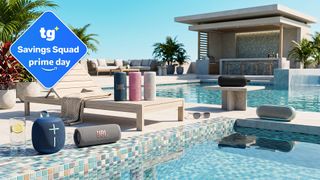 Various Bluetooth speakers arranged around a pool area