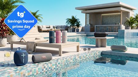 Various Bluetooth speakers arranged around a pool area