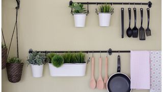 Sage green painted kitchen wall with black wall-mounted storage racks for pans and utensils