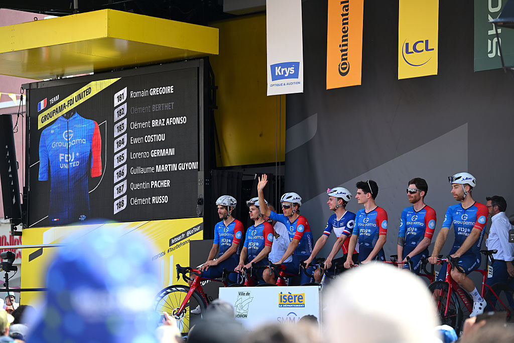 VOIRON, FRANCE - JULY 23: A general view of Romain Gregoire of France, Clement Braz Afonso of France, Ewen Costiou of France, Lorenzo Germani of Italy, Guillaume Martin of France, Quentin Pacher of France, Clement Russo of France and Team Groupama - FDJ United prior to the 113th Tour de France 2026, Stage 18 a 185.2km stage from Voiron to Orcieres-Merlette 1825m / #UCIWT / on July 23, 2026 in Orcieres, France. (Photo by Tim de Waele/Getty Images)