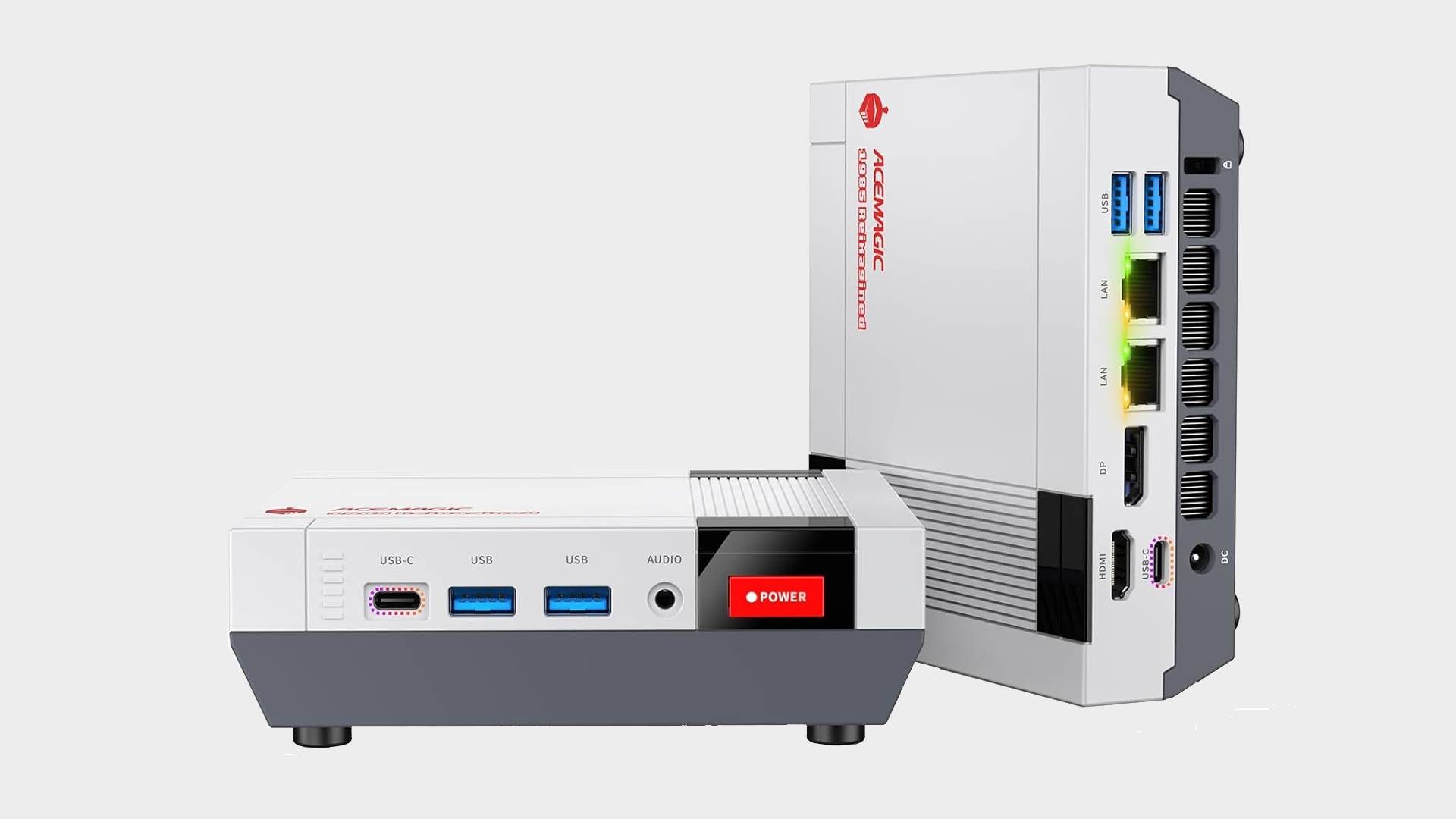 Acemagic Retro X5 mini PC facing forwards on left and sitting on side on right with gray backdrop.