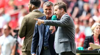 LONDON, ENGLAND - JUNE 03: Roy Keane with ITV's Mark Pougatch during the FA Cup Final match between Manchester City and Manchester United at Wembley Stadium on June 03, 2023 in London, England. (Photo by Robin Jones/Getty Images)