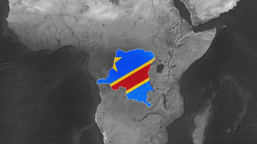 A NASA satellite image of Africa with the Democratic Republic of Congo marked with its flag.