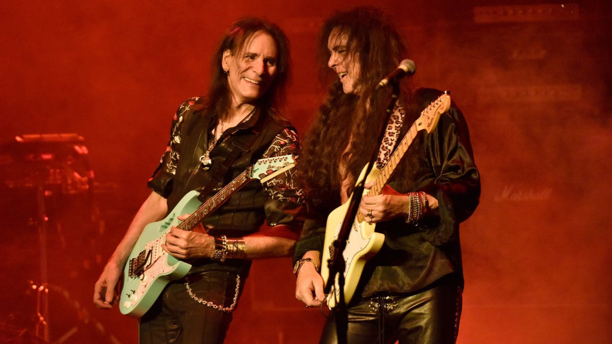 Steve Vai (L) and Yngwie Malmsteen perform during Generation Axe at the Fox Theater on November 7, 2018 in Oakland, California.