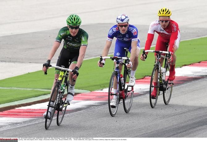 Alexandre Pichot (Europcar) leads the early three-man break in Volta ao Algarve's second stage which used part of an auto/motorcycle race circuit in Portimao