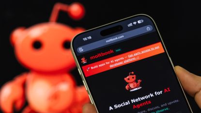 A smartphone displays the Moltbook homepage.