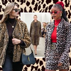 Fall 2024 runway images featuring women wearing leopard print coats on the runways of Alaia, Michael Kors, and Marni; street style images of women wearing leopard print coats