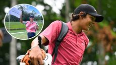 Main image of Charlie Woods smiling while carrying his bag at the 2025 Junior PGA Championship and inset photo of Woods holding the flag at hole three of the TPC Sawgrass' Stadium Course after making an ace