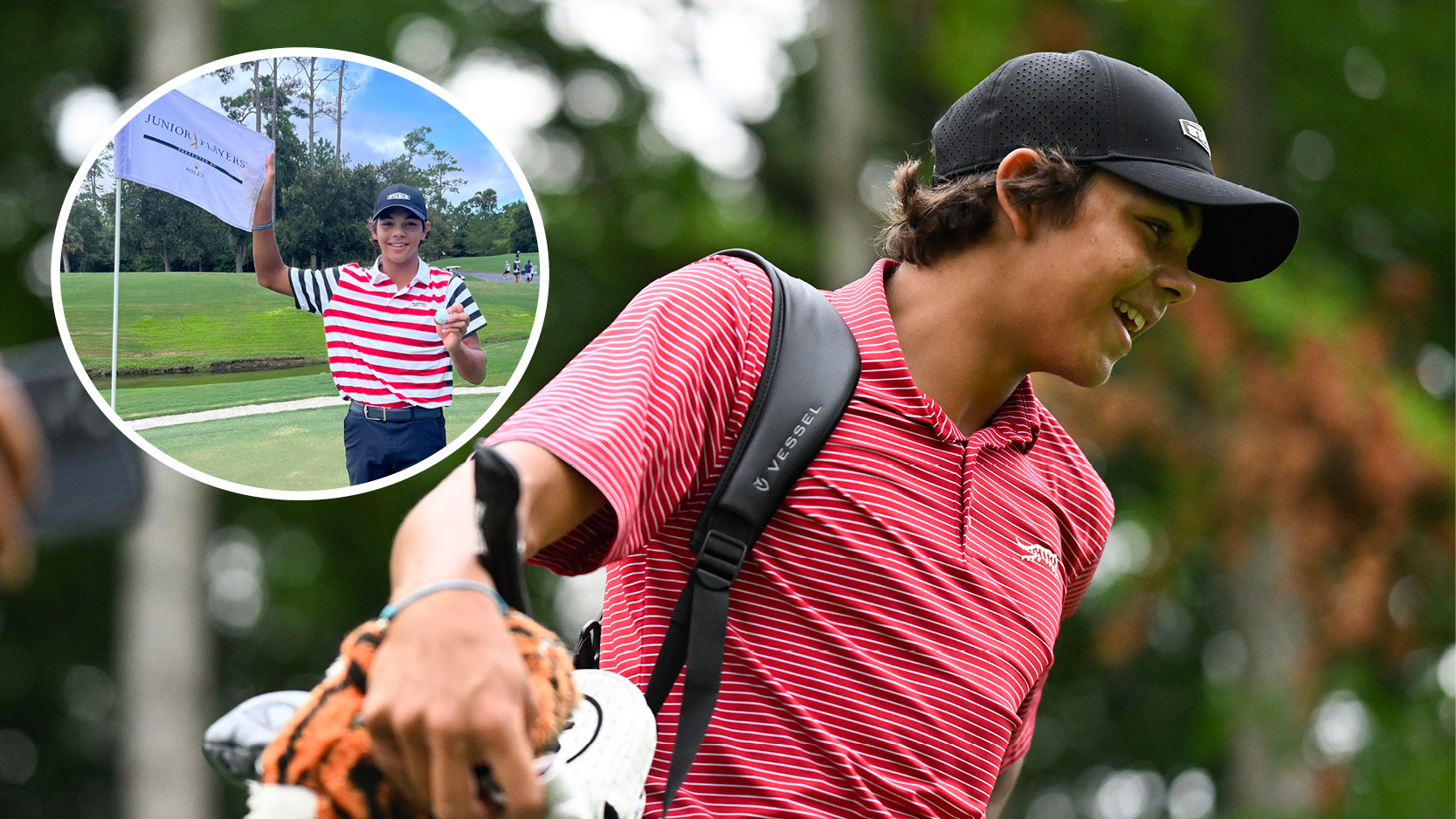 Main image of Charlie Woods smiling while carrying his bag at the 2025 Junior PGA Championship and inset photo of Woods holding the flag at hole three of the TPC Sawgrass&#039; Stadium Course after making an ace