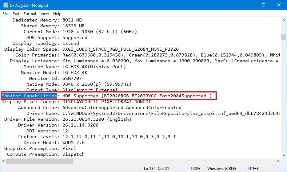 Windows 10 Monitor Capabilities for HDR