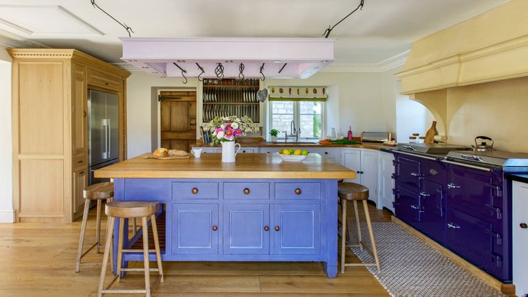 kitchen interior with purple colour kitchen cabinete