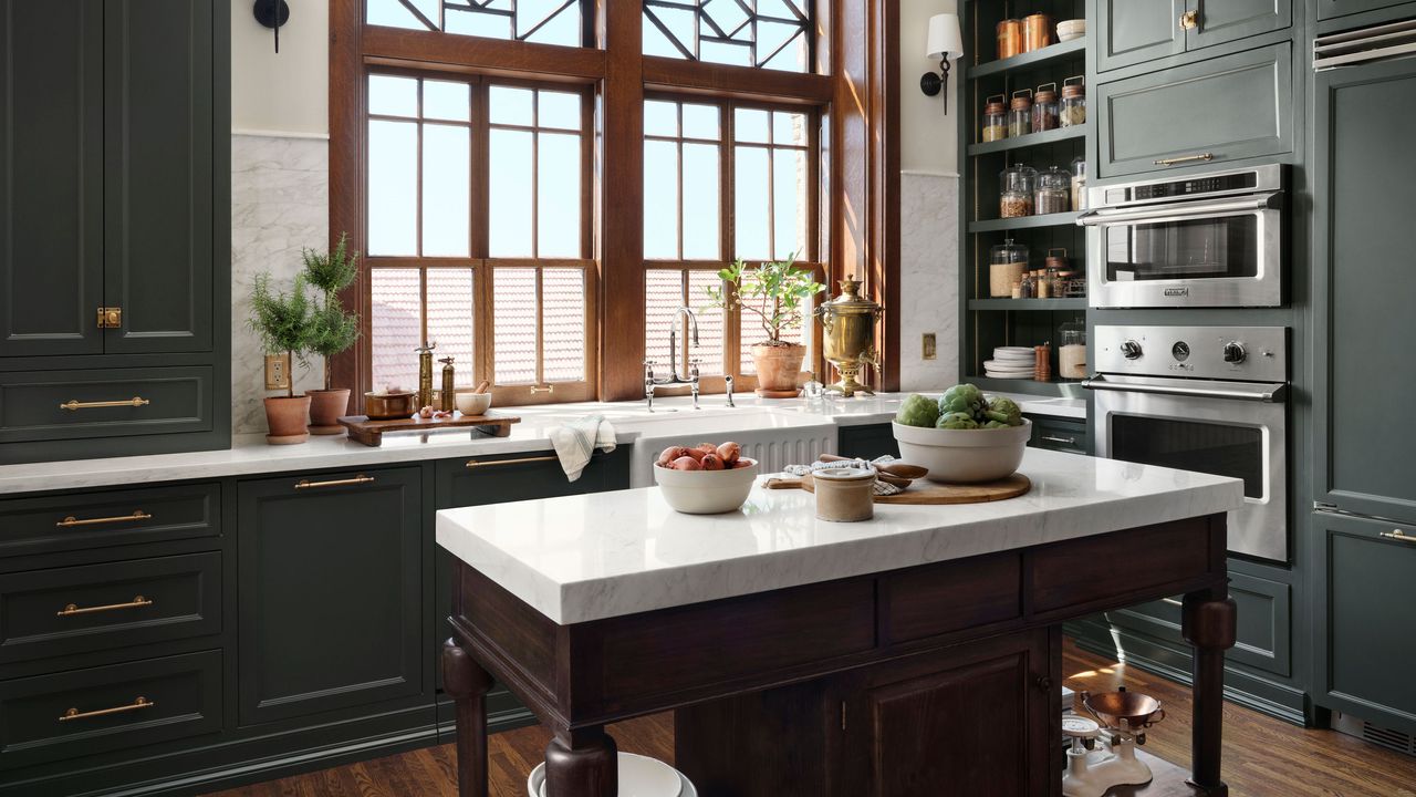 Joanna Gaines Castle kitchen with gray cabinetry