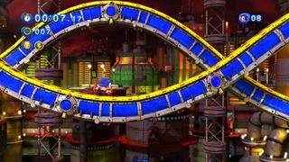 Classic Sonic runs along the iconic curved blue pipes of Chemical Plant Zone in Sonic Generations