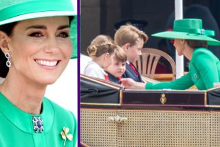 Kate Middleton smiling and split layout with her straightening Prince Louis' tie as he sits next to Princess Charlotte and Prince George in carriage