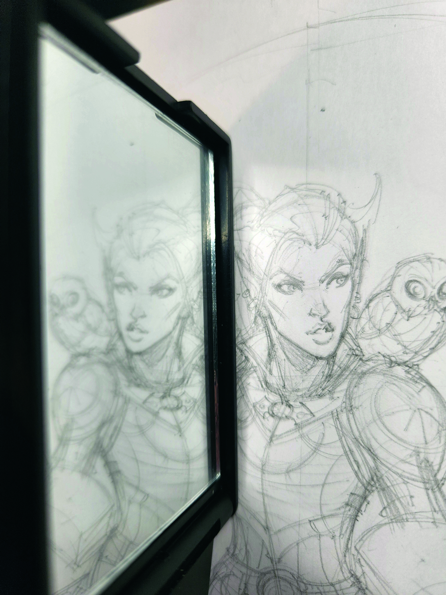 An image showing a step from a drawing tutorial on how to draw a fantasy character in pencil, pen and marker