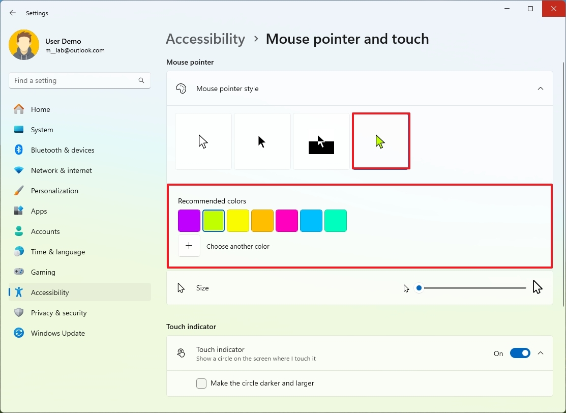 Mouse pointer color scheme settings