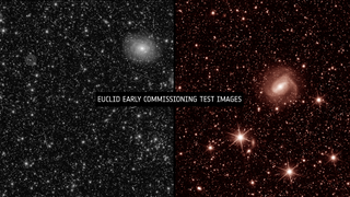 On the left, a black and white image showing tons of glimmering spots representing stars and galaxies taken by Euclid's VIS instrument. On the right, a reddish version of a similar scene, taken by NISP.