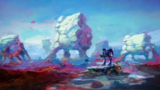  Clans concept art showing battle mechs plodding across an alien planet