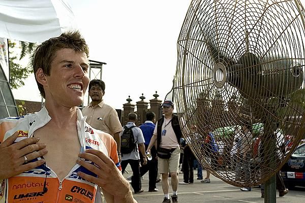 Cooling off: Australian Mark O'Brien (Letua Cycling Team) found himself a fan even before racing began in Kota Baru.