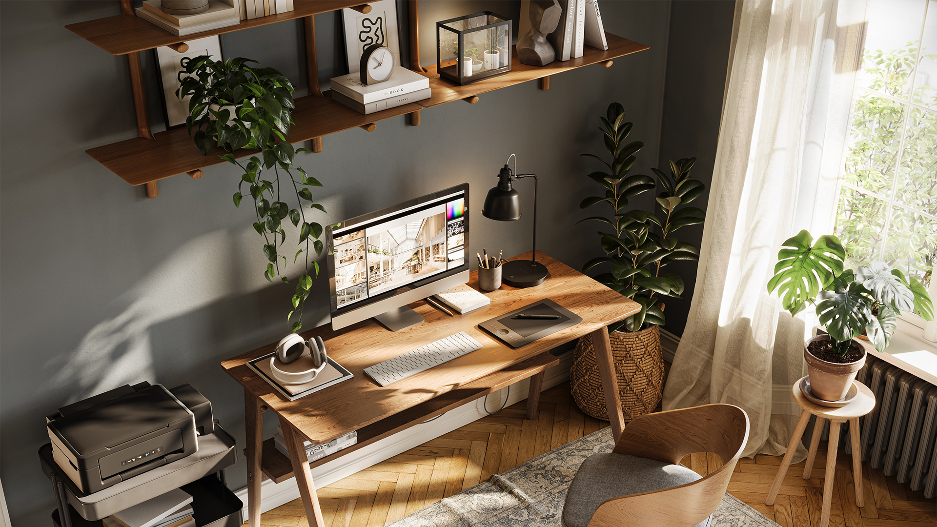 Home office setup with desk and floating shelves
