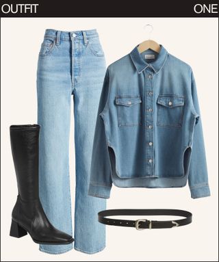 double denim outfit with black boots and belt