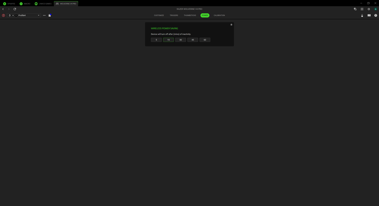 The power settings (yes they're in that otherwise-blank page if you squint) of the Razer Wolverine V4 Pro