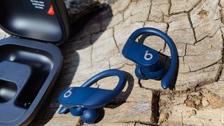 Beats Powerbeats Pro workout earbuds with the charging case on wood