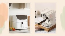 composite of air fryer on countertop and picture of appliance roller tray being used with coffee machine