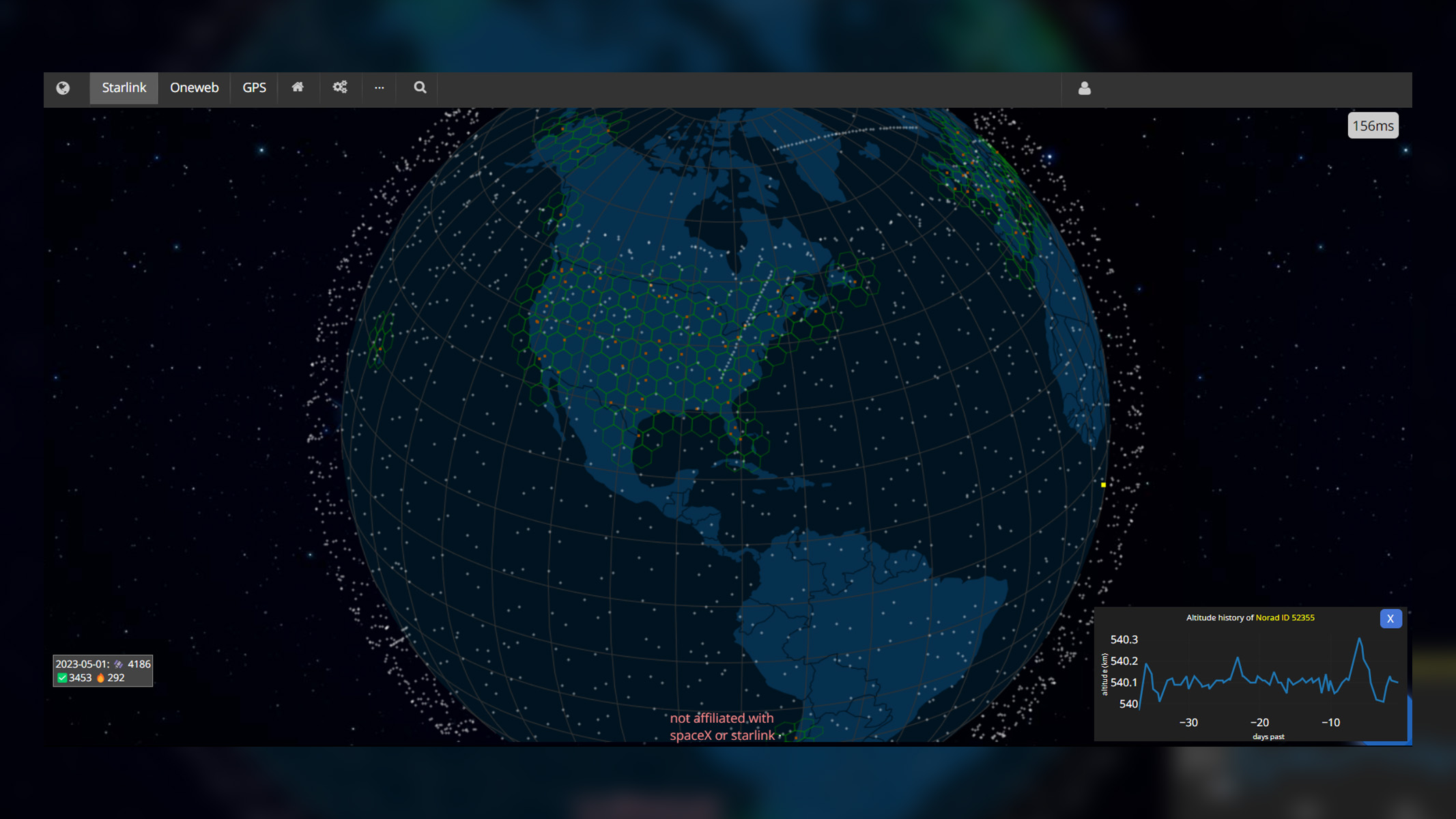 Screenshot of satellitemap.space showing Starlink satellites in realtime