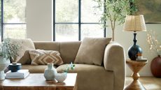 A large mink colored sofa in a white living toom. A small wooden side table with a tall side lamp on top to the right hand side. A wooden coffee table with vases on it in front.