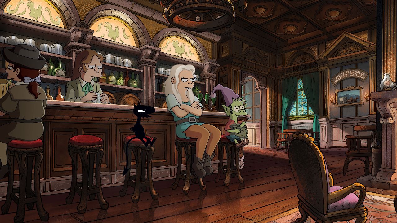 Luci, Bean and Elfo in Bentwood Bar in Disenchantment Season 3.