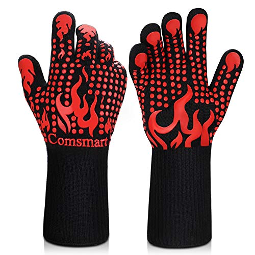 Comsmart Bbq Gloves, 1472 Degree F Heat Resistant Grilling Gloves Silicone Non-Slip Oven Gloves Long Kitchen Gloves for Barbecue, Cooking, Baking, Cutting