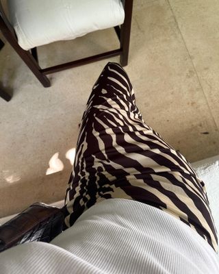 Influencer wears a zebra print skirt.