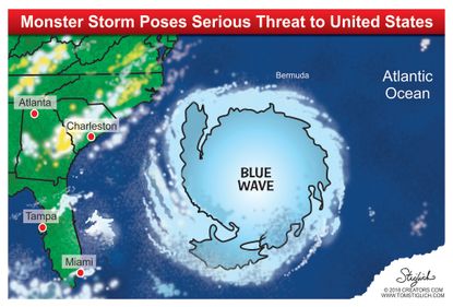 Political cartoon U.S. blue wave hurricane threat