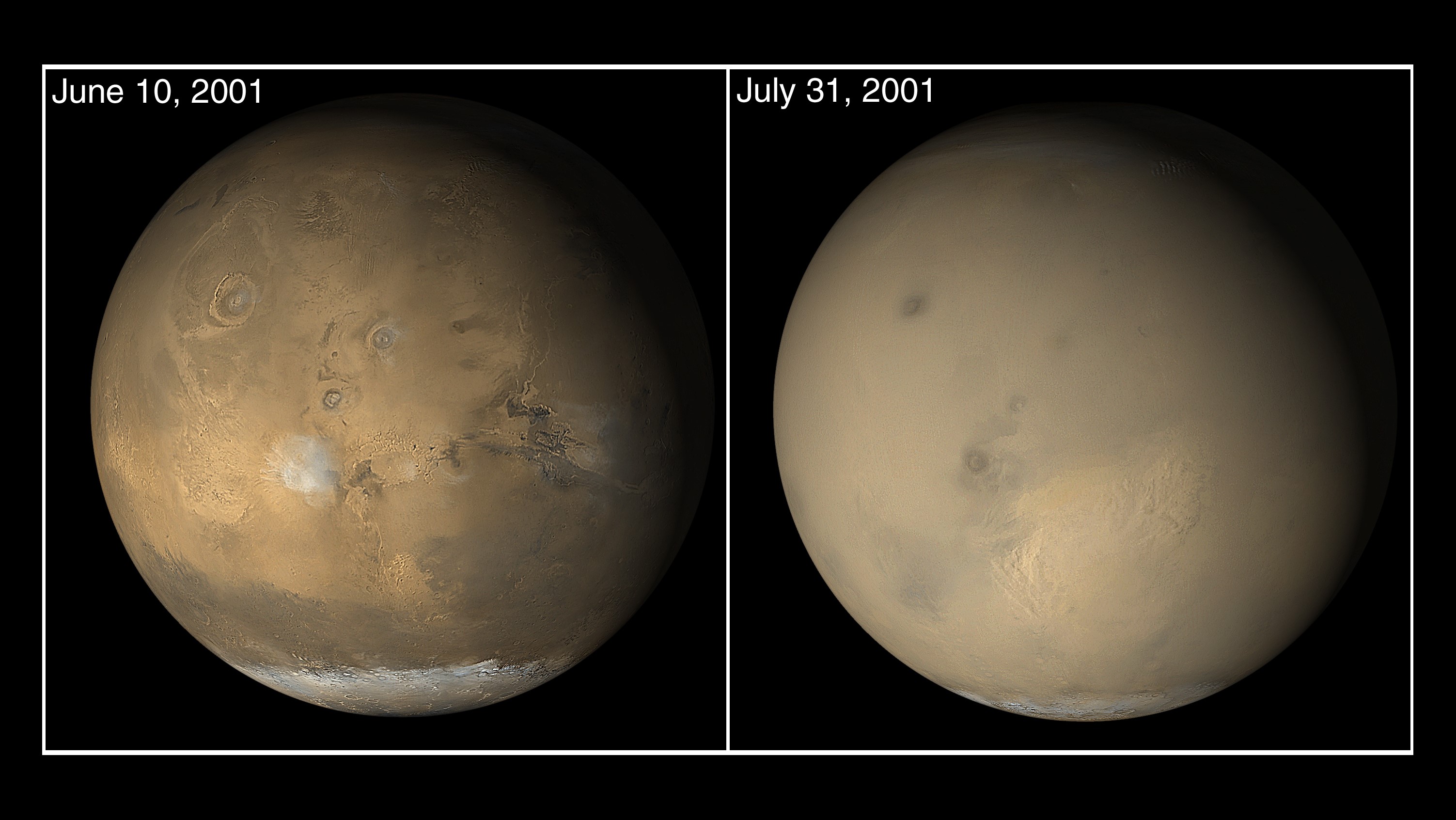 A clear view of the Martian surface compared to a dust storm view in which features are blurred out.