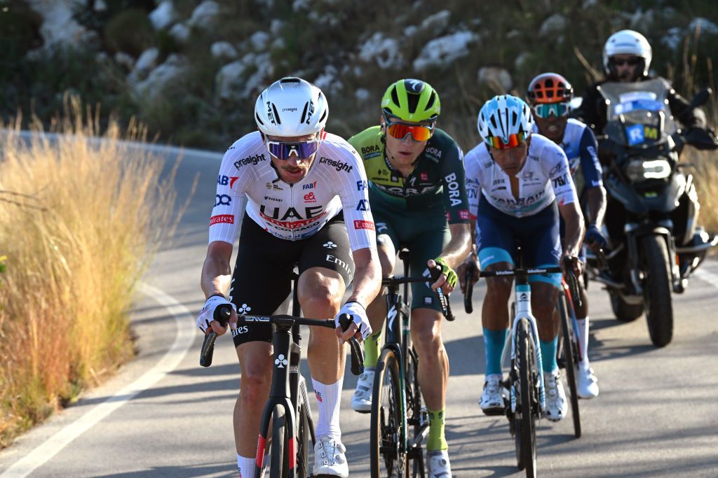 VALL DEBO SPAIN FEBRUARY 03 LR Santiago Buitrago of Colombia and Team BahrainVictorious Aleksandr Vlasov of Rusia and Team BORA Hansgrohe and stage winner Brandon McNulty of The United States and Team UAE Emirates compete in the breakaway climbing to the El Miserat 756m during the 75th Volta a la Comunitat Valenciana 2024 Stage 4 a 1752km stage from Teulada Moraira to Vall dEbo 527m Stage shortened by the organization to 160km on February 03 2024 in Vall dEbo Spain Photo by Dario BelingheriGetty Images