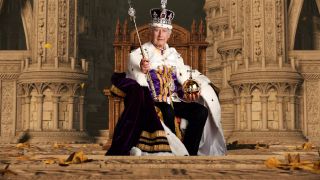 A badly-photoshopped image of King Charles sat in the throne from the Elden Ring age of fracture ending.