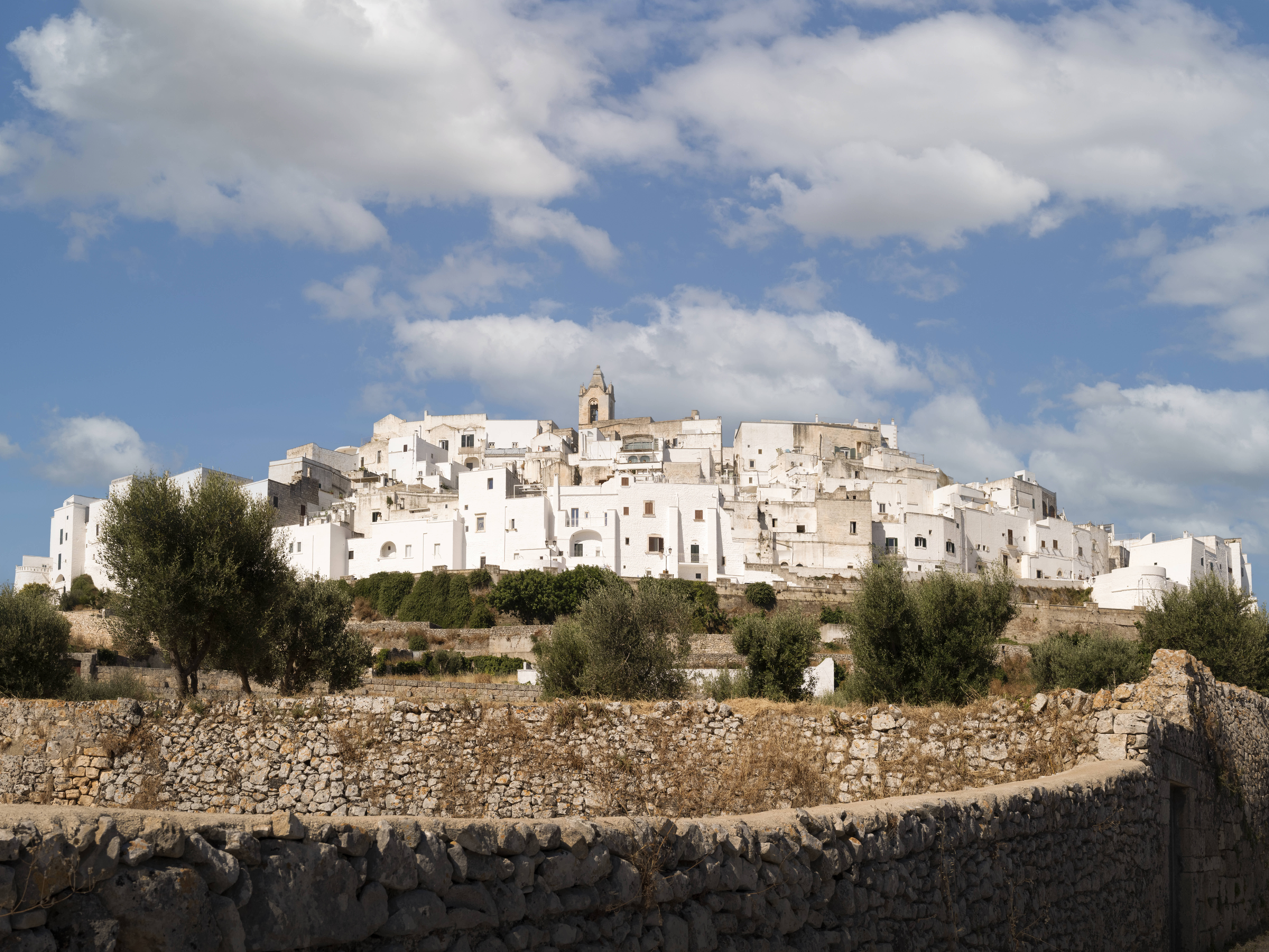 A hilltop, white-washed Italian town sits atop olive groves against a clouds-filled blue sky.