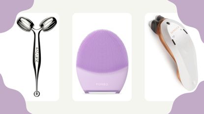 A collage of the best skincare devices that are featured in this roundup by revive foreo and sensica