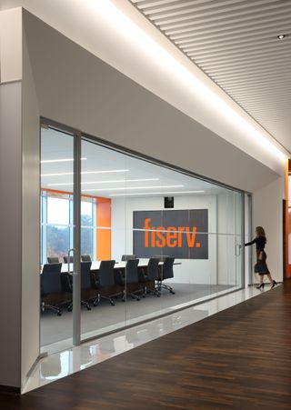 It’s not uncommon for a corporate campus’ AV system to include a plethora of meeting spaces, like the one pictured here at Fiserv.