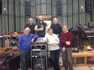 The Workshop today, clockwise from back left: Paddy Kingsland, Kieron Pepper, Roger Limb, Peter Howell, Mark Ayres, Dick Mills