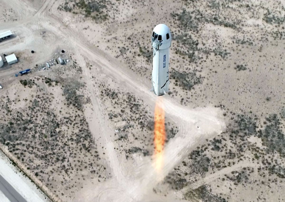 Blue Origin&#039;s New Shepard Spacecraft First Step launches on a suborbital spaceflight from West Texas on April 14, 2021.