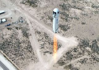 Blue Origin's New Shepard Spacecraft First Step launches on a suborbital spaceflight from West Texas on April 14, 2021.