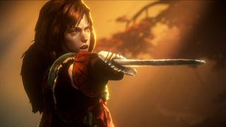 A woman from No Rest For the Wicked holding a sword at shoulder height