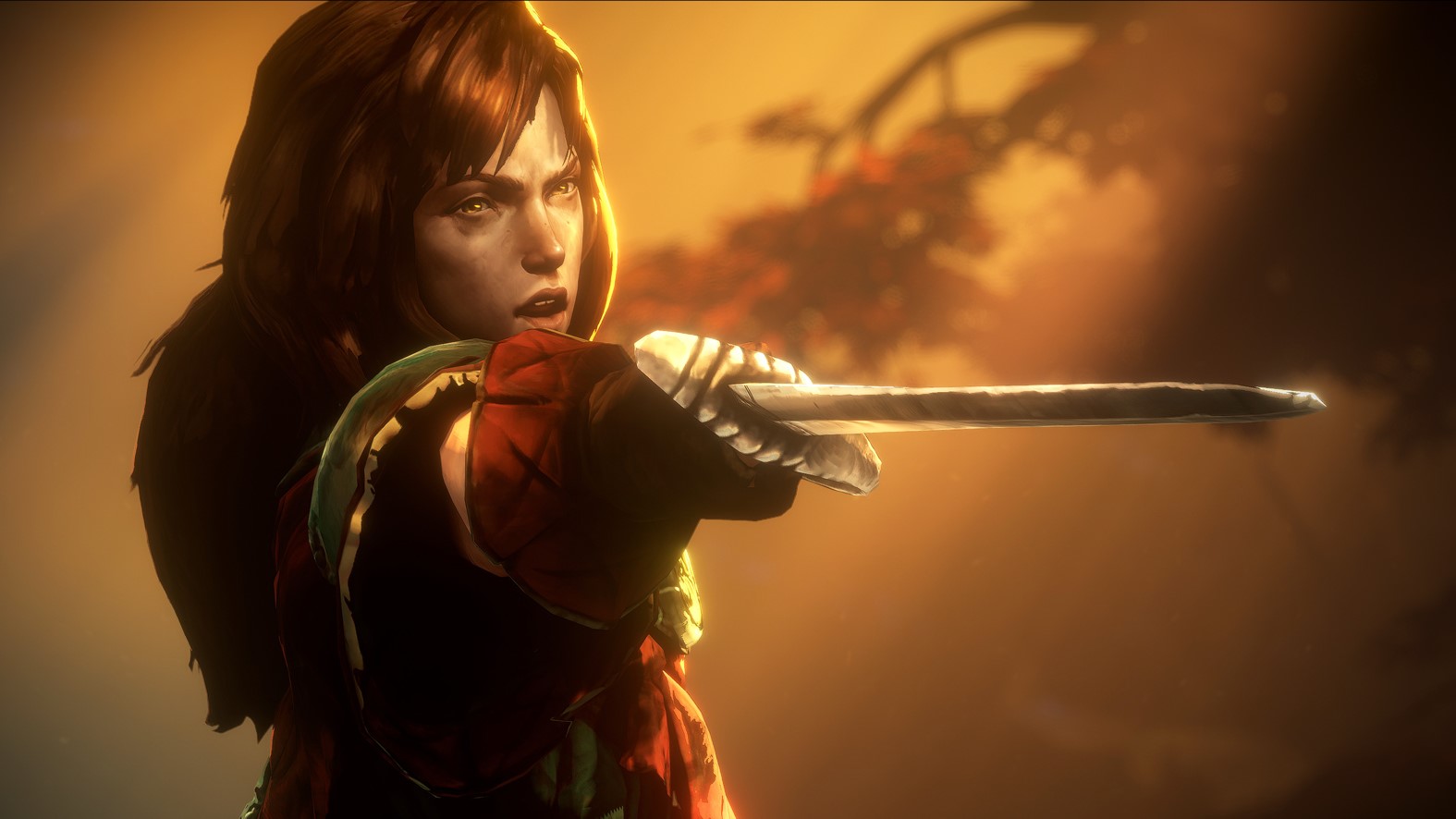 A woman from No Rest For the Wicked holding a sword at shoulder height