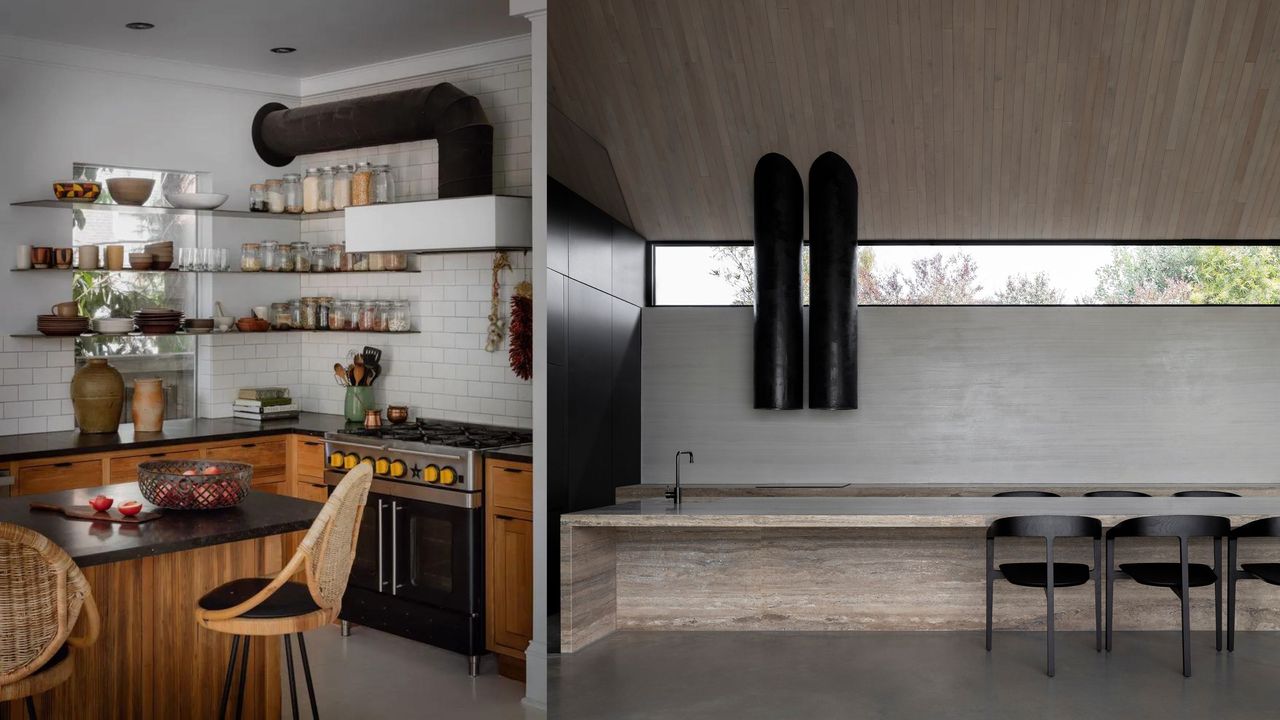 internal kitchen windows with shelves across them and clerestory windows in minimalist kitchen