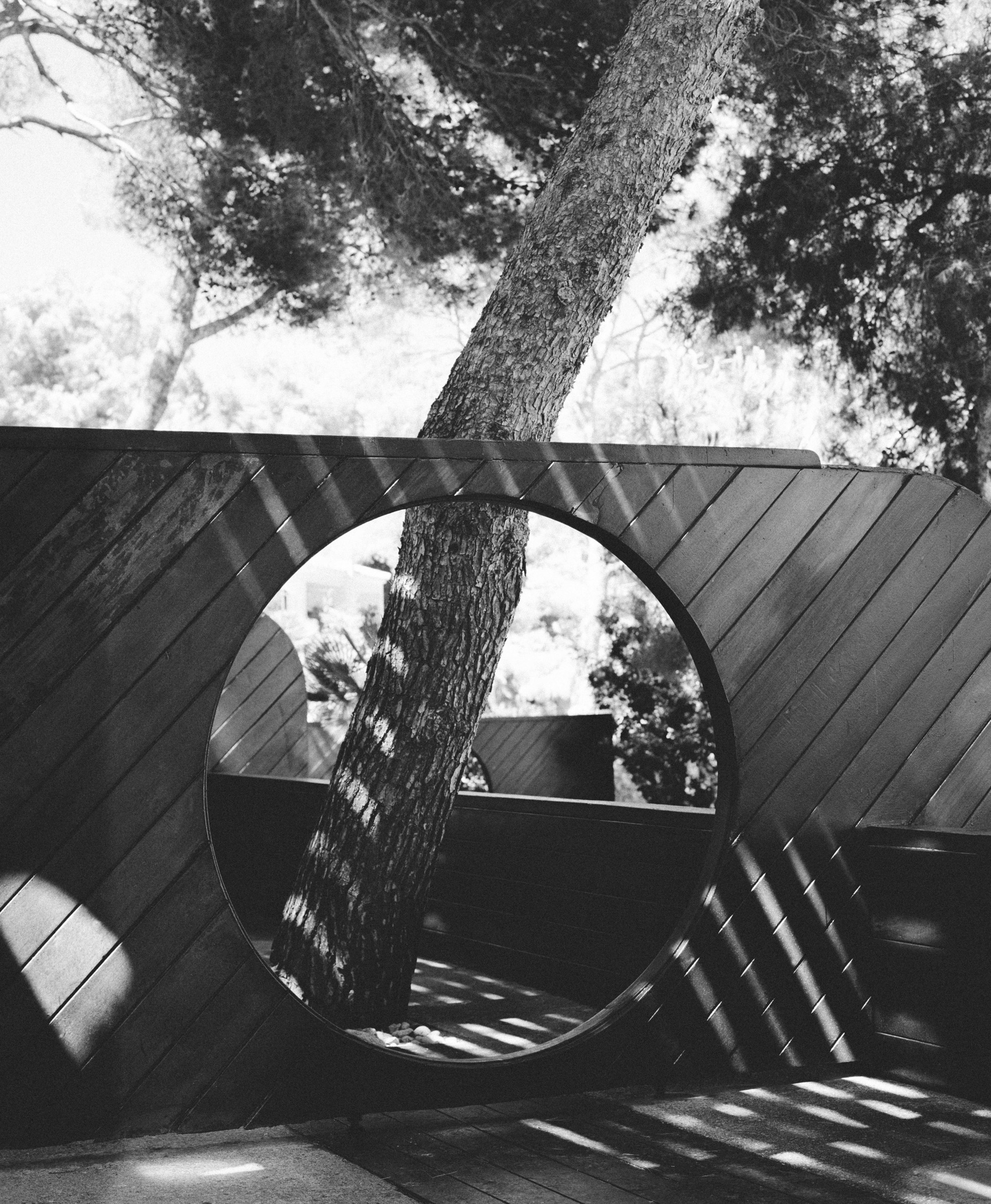 black and white shot of circular opening in a fence