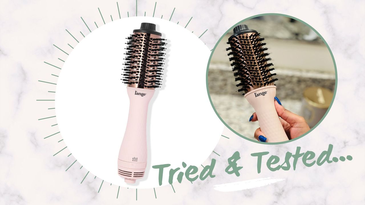 The brush we tested for this a L&#039;ange blow dryer brush review - a light pink L&#039;ange Le Volume 60mm blow dryer brush in two circles on a pink background 