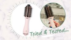 The brush we tested for this a L'ange blow dryer brush review - a light pink L'ange Le Volume 60mm blow dryer brush in two circles on a pink background 